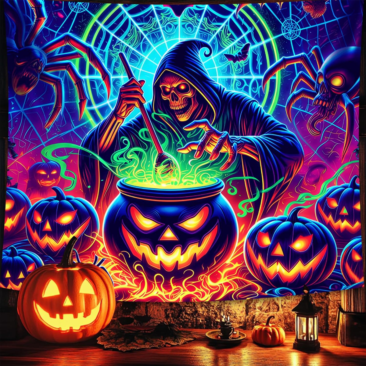 Halloween Tapestry, Blacklight Tapestry for Halloween Party Decor Hanging Tapestries Backdrop Wall Art Poster for Bedroom Dorm 79x59in