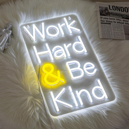 Work Hard Be Kind Neon Sign for Wall Decor Letter Neon Light Be Kind LED Neon Sign for Office White LED Neon Light for Offices Classroom Bedroom Study Room Decoration