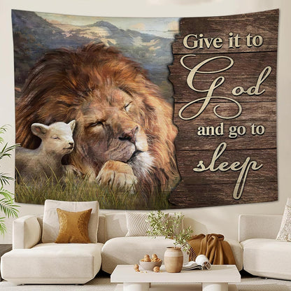 yowecso Lion and Lamb Tapestry Give It To God And Go To Sleep Tapestry Wall Hanging for Bedroom Christian Religious Tapestries Aesthetic Wall Decor for Home Dorm Living Room 50"x60"