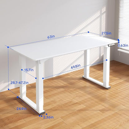 FLEXISPOT 4 Legs Standing Desk 63 x 28 Inch Electric Adjustable Height Desk with Splice Board Home Office Sit Stand Up Desk, White Top + White Frame