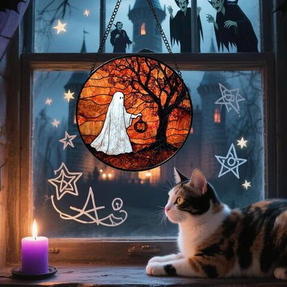 Stained Glass Window Hanging - Halloween Ghost Holding A Pumpkin Lantern Suncatcher for Door Garden Spooky Tree Sun Catchers Gothic Decorations Horror Gifts for Women Men Friend 6.3 in