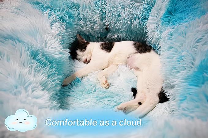 XxingSheep XL Cat Tunnel with Bed for Indoor Cats Peekaboo Cat Cave Donut Toy with Warm Mat,Azure Blue