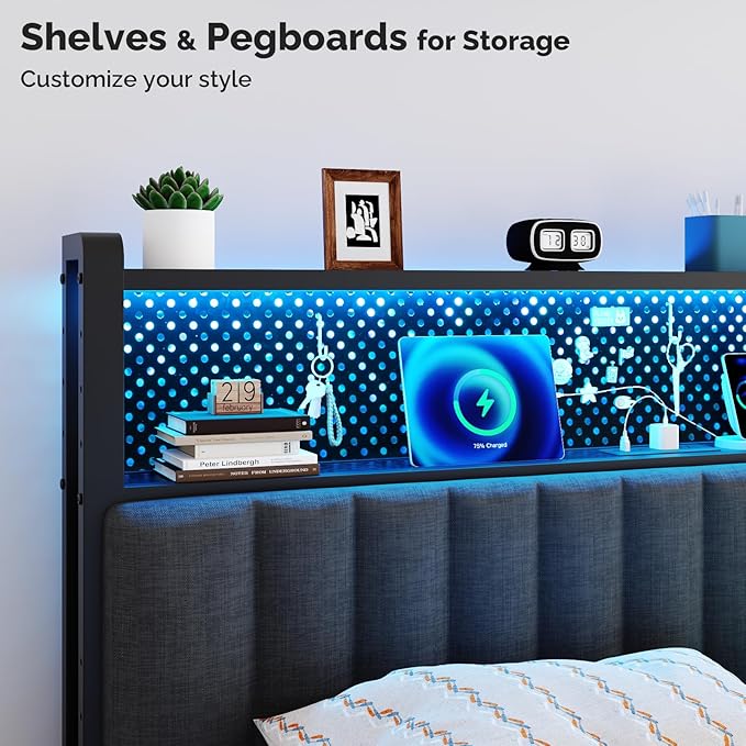 VINGLI Queen Size Headboard Only, Adjustable Upholstered Headboard with 2 Tier Shelves and Pegboard with Charging Stations and LED Lights, Modern Bed Headboard with Storage for Bedroom Decor
