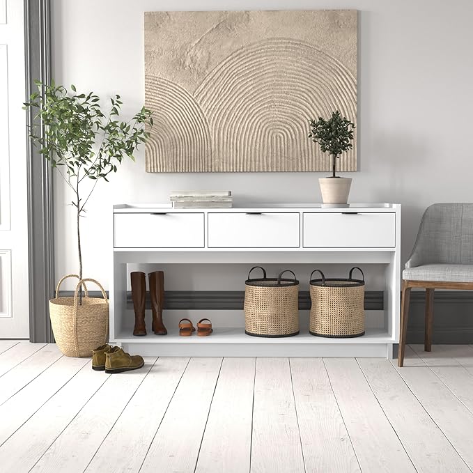 Prepac White Simply Modern Entryway Table, Narrow Console Table with 3 Drawers, Media Console with Storage, 15.75" D x 60.25" W x 32" H