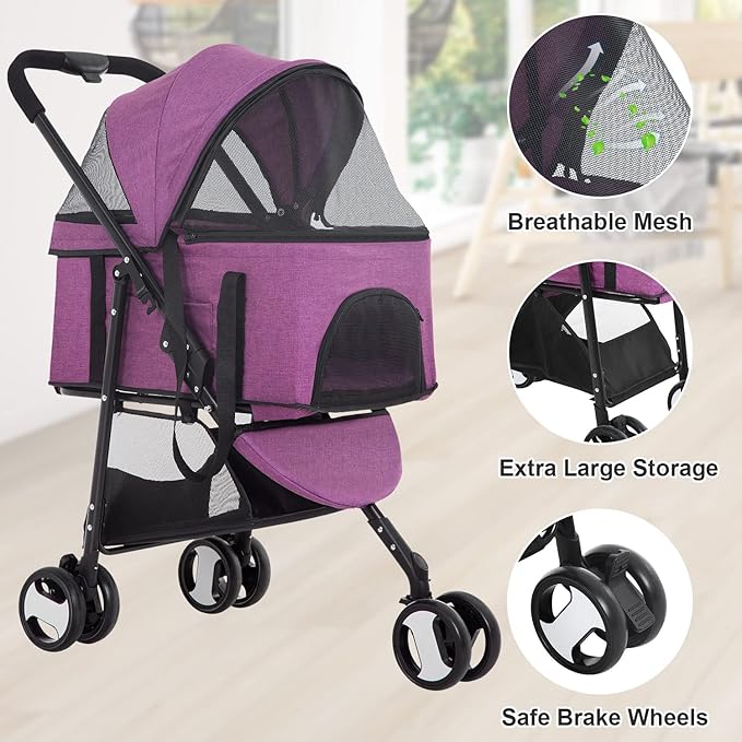 BestPet 3-Wheels Premium 3-in-1 Multifunction Pet Stroller for Medium Small Dogs & Cats - Detachable Carrier, Lightweight Folding Travel Stroller, Purple