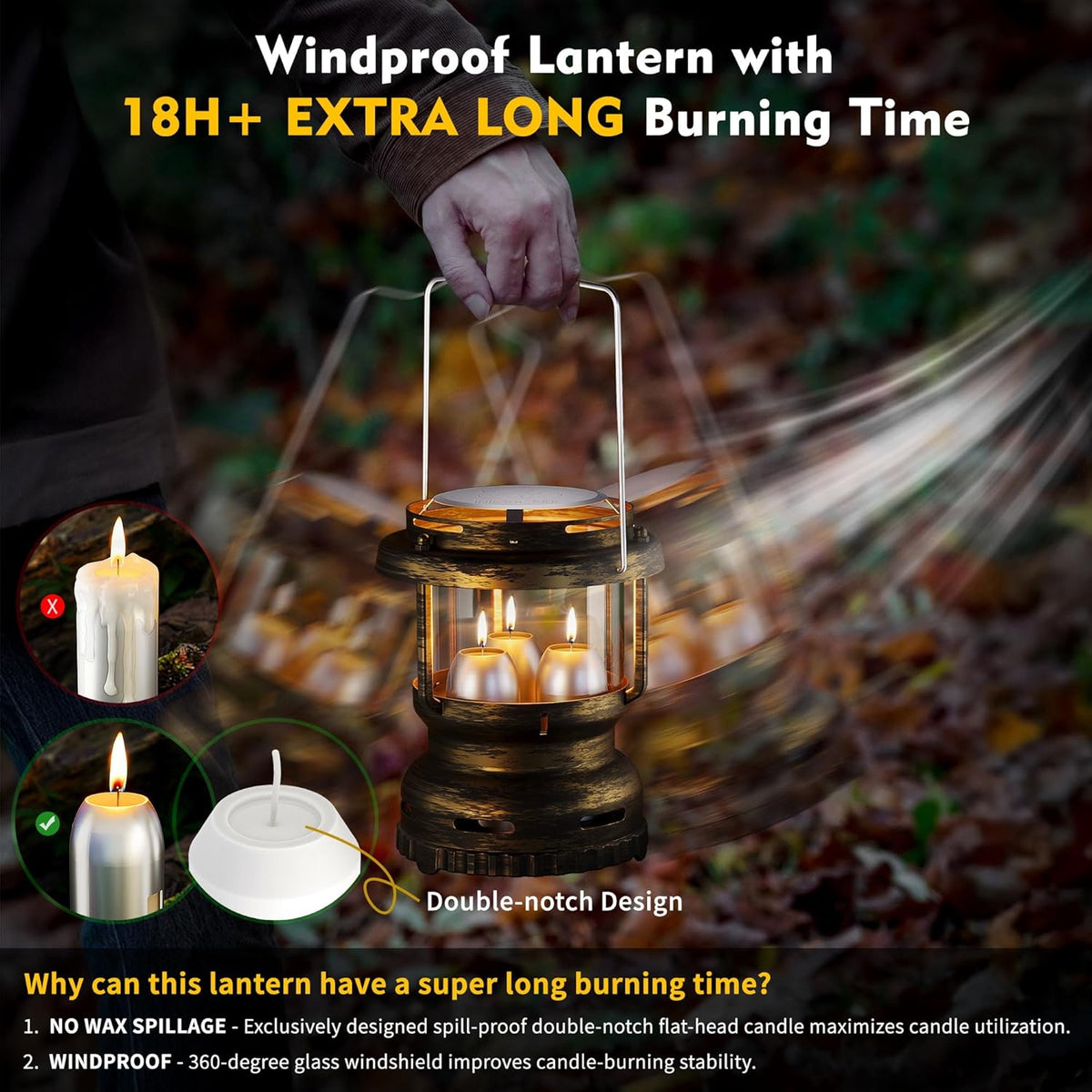 3-Wick Emergency Candle Lantern for Power Outages [18H+ Burning Time] Vintage Decorative Candle Lantern for Real Candles, Outdoor Portable Camping Survival Lighting [7.1"*5.7" - Vintage Brass]