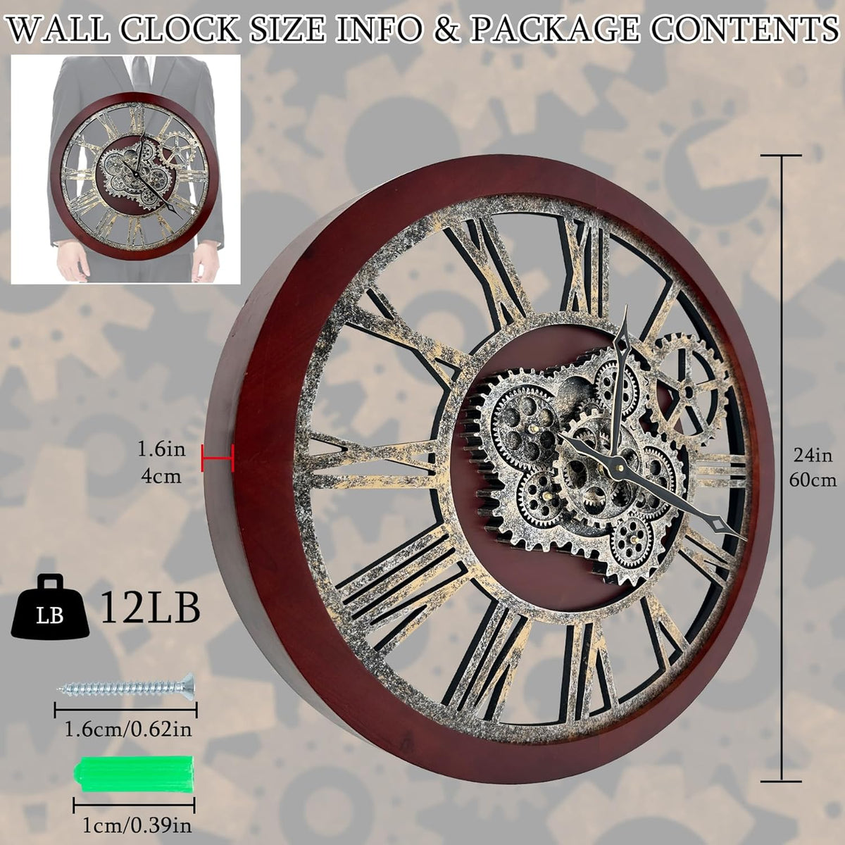 HOIBAI Farmhouse Vintage Industrial Oversized Wall Clock - 24 in (60cm) Moving Gear Wall Clock for Living Room Decor