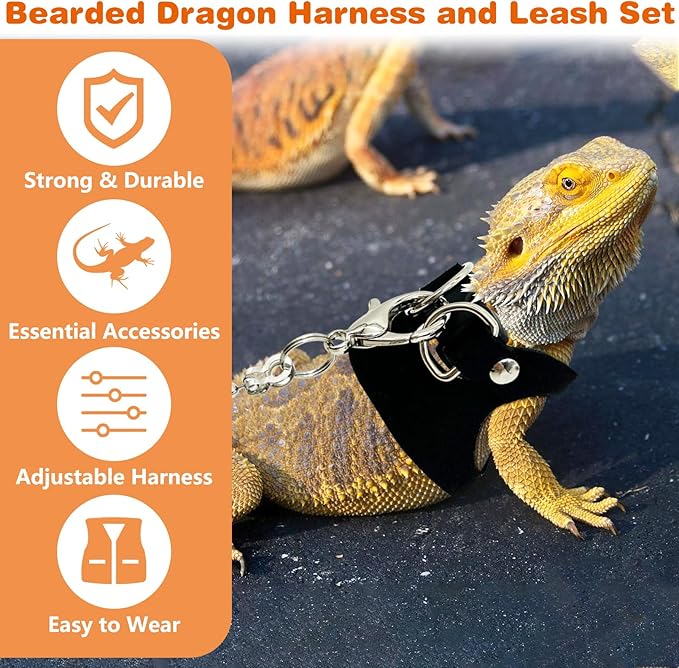 PINVNBY 3 Size Bearded Dragon Harness and Leash Set Adjustable Soft Leather Lizard Leash with Traction Rope Mini Skateboard Toy for Small Animal Reptile Reptile Walking Outdoor Adventures (Black)