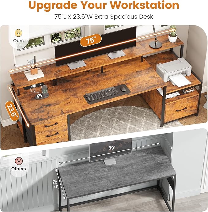 SEDETA Home Office Desk with File Drawer & Power Outlet, 75'' Large Computer Desk with 5 Drawer, Storage Shelves, Monitor Shelf and Led Lights, 23.6" W Desktop Gaming Desk, Rustic Brown