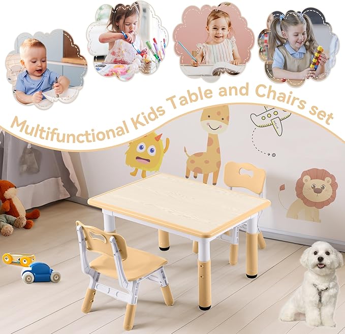 Kids Study Table and Chairs Set, Height Adjustable Toddler Table and Chair Set for Kids Ages 3-8, 31.5" L x 23.6" W Graffiti Desktop Plastic Children Art Table with 2 Seats, Brown