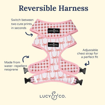 Lucy & Co. Reversible Dog Harness - Water-Repellent Neoprene, Dual-Print Design, Easy Swap Style, Adjustable Comfort Fit - Take a Bow Reversible Harness - X-Small