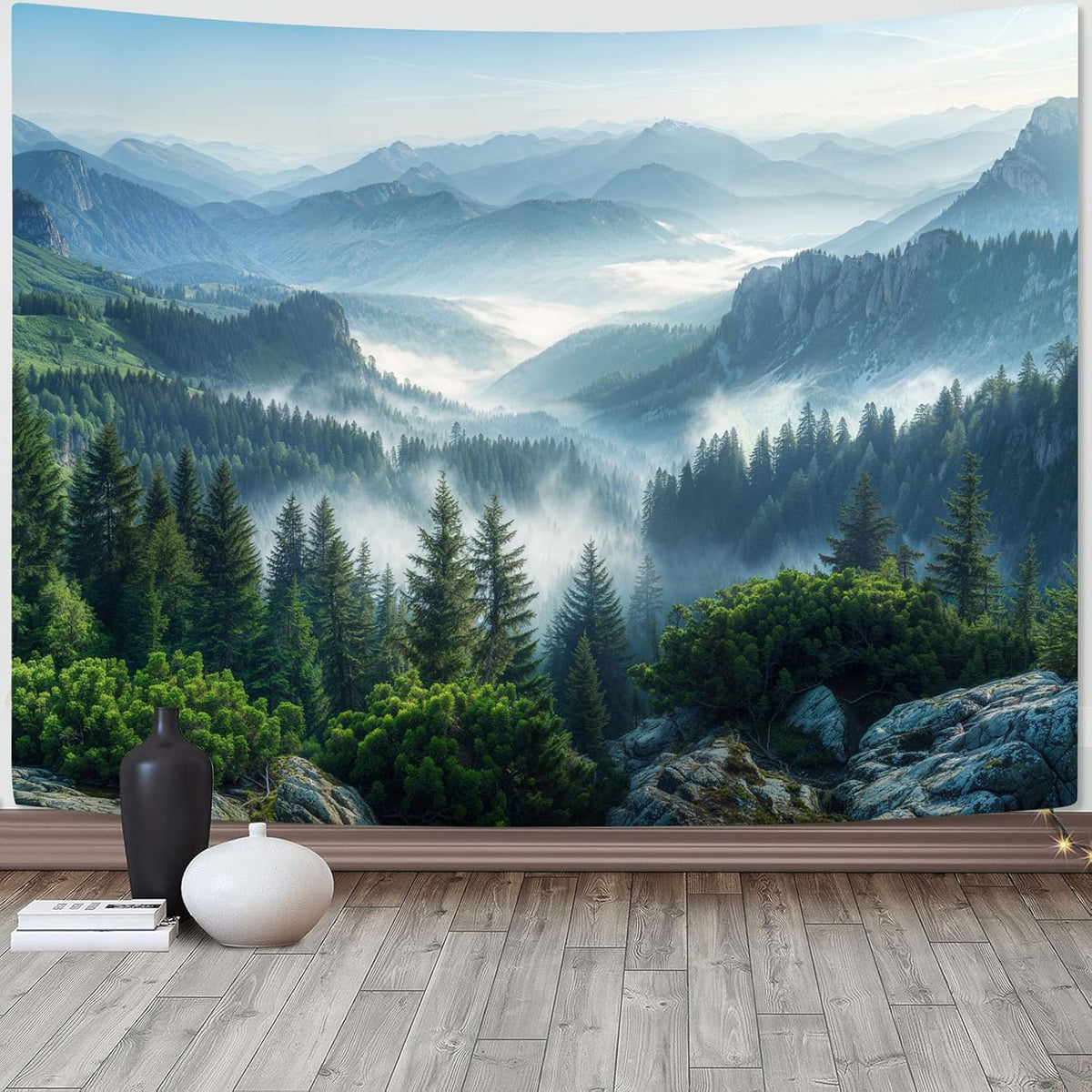 AMM Nature Forest Mountain Tapestry Green Misty Pine Tree Tapestry for Bedroom Aesthetic Foggy Woodlands Sky Landscape Tapestries Wall Hanging for Living Room Dorm 90 x 68 Inch