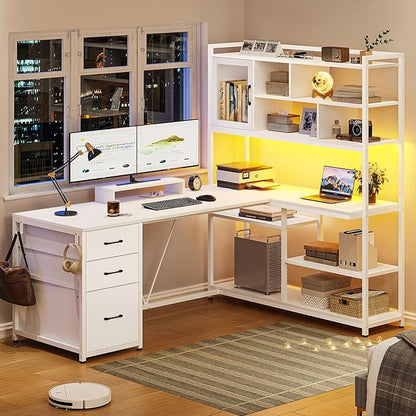 SEDETA L Shaped Computer Desk, 58'' Office Desk with 3 Drawers and Bookshelf, L Shaped Corner Desk with Storage Shelves and LED Light for Home Office, Gaming Desk, L Desk, White