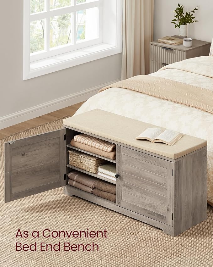 VASAGLE Shoe Storage Bench with Cushion, 3-Tier Entryway Bench with Padded Seat, Doors, Adjustable Shelves, 14 x 39.8 x 20.7 Inches, Hallway, Bedroom, Heather Greige and Cappuccino Beige ULSB044L01