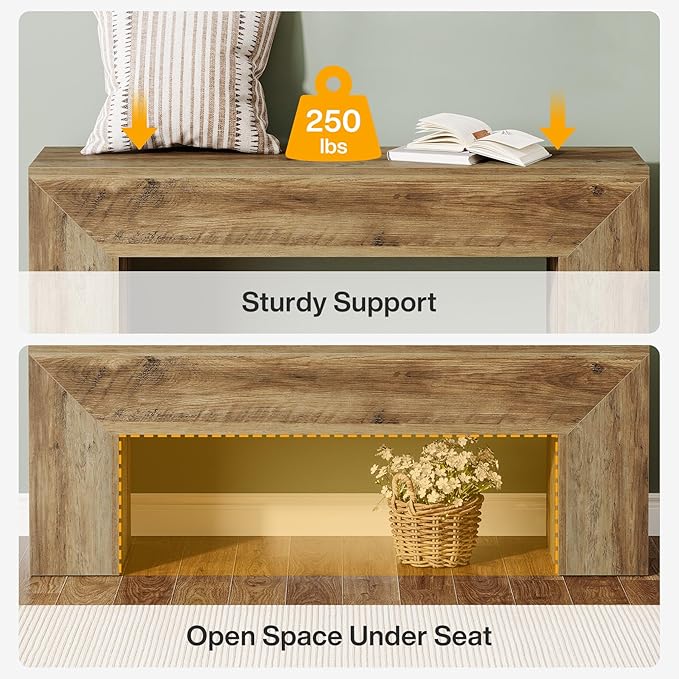Tribesigns 47'' Wooden Entryway Bench, Farmhouse Entry Bench Seat, Indoor End of Bed Bench with Storage Capability for Living Room, Bedroom, Hallway, Easy Assembly, Oak Brown