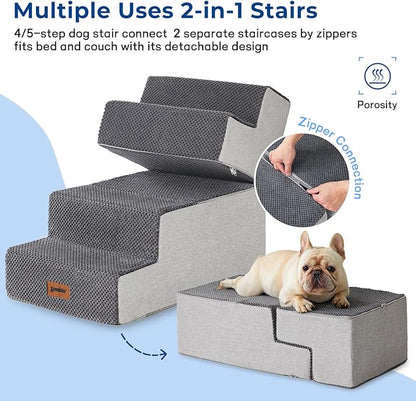 Dog Stairs for Small Dogs - Pet Stairs 2 in 1 with Zippers Suitable for Couch and Bed, 35D Foam Dog Steps with Non Slip Bottom Grey 4 Steps, Brown