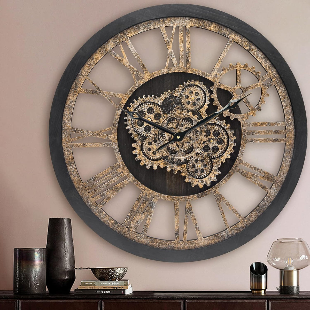 HOIBAI Large Wall Clock, Wall Clocks for Living Room Decor 20 Inch Farmhouse Vintage Rustic Kitchen Wall Decor Vintage Roman Oversized Wall Clock for Home Bedroom House Office, Moving Gears Clock