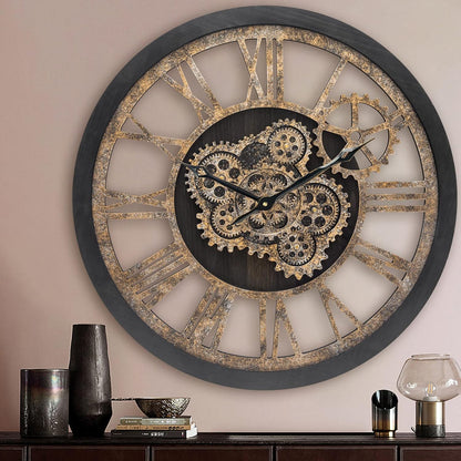 HOIBAI Large Wall Clock, Wall Clocks for Living Room Decor 20 Inch Farmhouse Vintage Rustic Kitchen Wall Decor Vintage Roman Oversized Wall Clock for Home Bedroom House Office, Moving Gears Clock