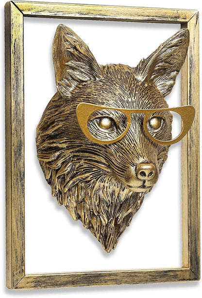 Animal Heads Wall Decor (Includes Metal Frame) Resin Animals Sculptures Head Wall Hanging Decoration Gold vintage Wall Sculpture for Living Room Bedroom Office(Fox)
