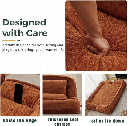 Foldable Lazy Sofa Bed, Double Human Dog Bed for Adults, Orange | Skin-friendly Breathable Soft Chenille Upholstered, 5 Adjustable Backrest Positions, 3 Soft Cushions for Living Room