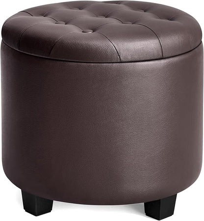 SONGMICS Round Ottoman, Ottoman with Storage, 17.7 x 17.7 x 17.5 Inches, Foot Rest with Legs, Synthetic Leather, Load up to 330 lb, for Living Room, Bedroom, Chestnut Brown ULOM014K01