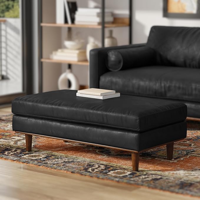 SIMPLIHOME Morrison 49 inch Wide Large Rectangular Ottoman in Lead Black Genuine Leather, Multifunctional Footrest, Coffee Table, and Extra Seating for Living Room, Mid-Century Modern Style