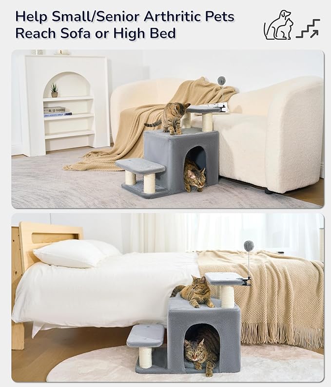 Happi N Pets Dog Stairs with Cat Scratching Post & Large Condo, Stable Pet Steps for High Beds Couch, 3 Combinations Cat Ramp Tree Tower for Cats or Small Dogs, Removable Cushion & Bonus Toy, Gray