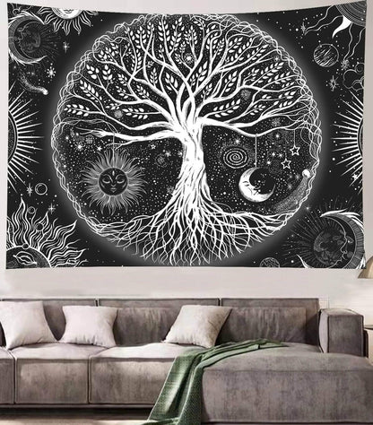 FORATER Tree of Life Tapestry Wall Hanging, Sun and Moon Aesthetic Wall Tapestry Black and White Tapestries Home Decor for Living Room Bedroom(53 x 61 Inch, Black and White)