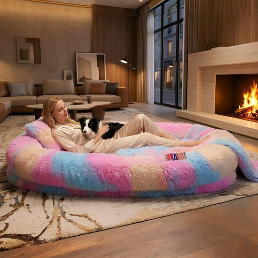Human Dog Bed, Oversized Plush Lounger Bed with Plump Pillow and Blanket | 71" x 45" x 12" Long Plush Polyester Floor Nest for Relaxing, Napping, Reading, and Family Cuddle Time - Multicolor