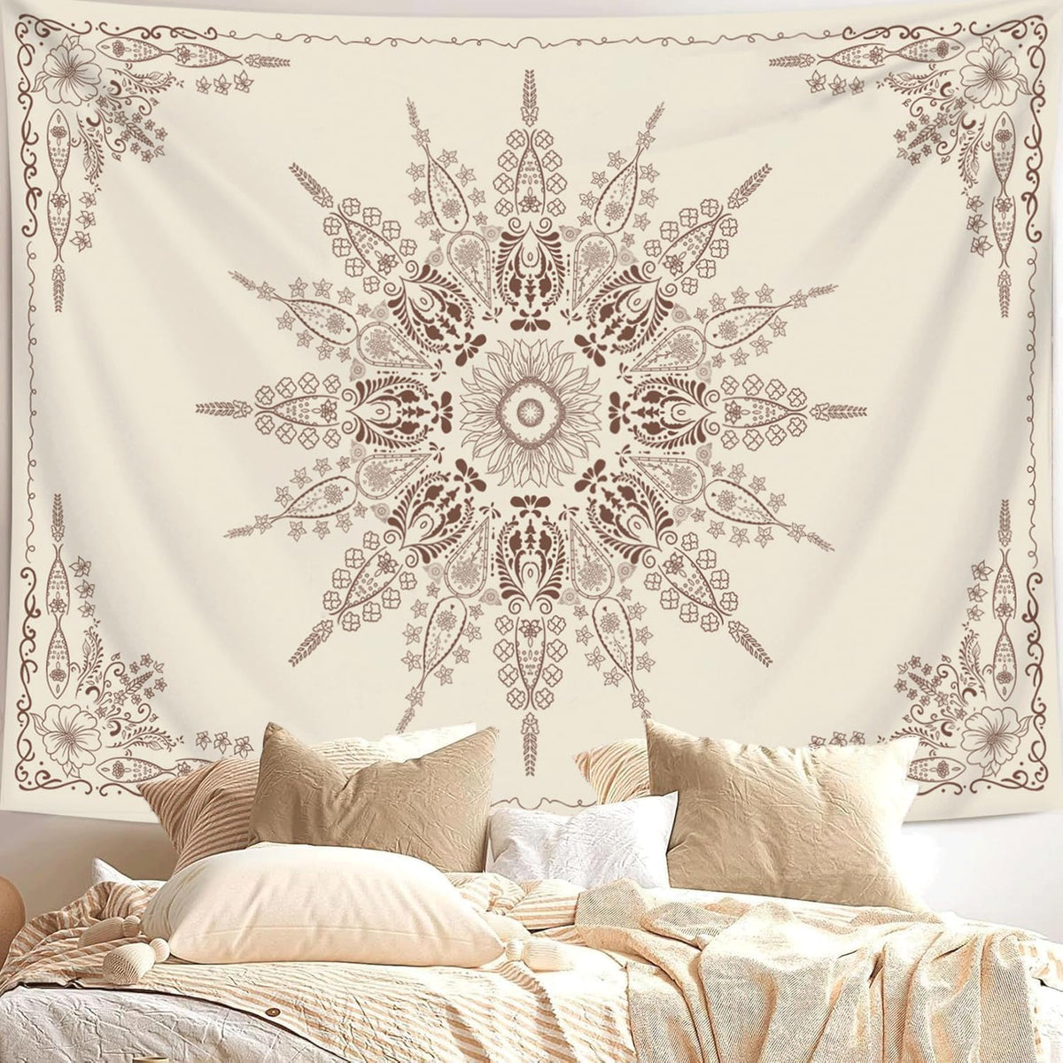 FORATER Floral Bohemian Tapestry, Flower Aesthetic Tapestry Indian Wall Hanging Boho Tapestries Mandala Room Decor for Bedroom Living Room Dorm (Flaxen, 61L x 53W)