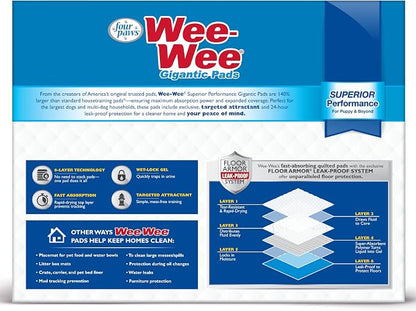 Four Paws Wee-Wee Superior Performance Gigantic Dog Pee Pads, 150 Count | Puppy & dog potty training pads, all day floor protection, housebreaking pet supplies, leak-proof puppy pads, 27.5" x 44"