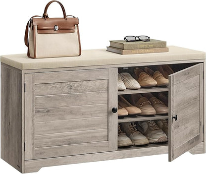 VASAGLE Shoe Storage Bench with Cushion, 3-Tier Entryway Bench with Padded Seat, Doors, Adjustable Shelves, 14 x 39.8 x 20.7 Inches, Hallway, Bedroom, Heather Greige and Cappuccino Beige ULSB044L01