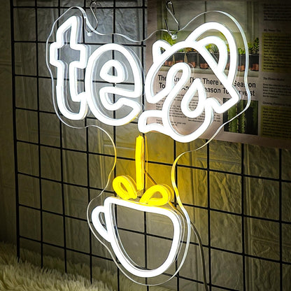 Tea Neon Sign Teapot LED Neon Light White Tea Bar Neon Sign Decor Hanging for Coffee Station, Teahouse, Restaurants, Home, Farmhouse, Kitchen Decoration