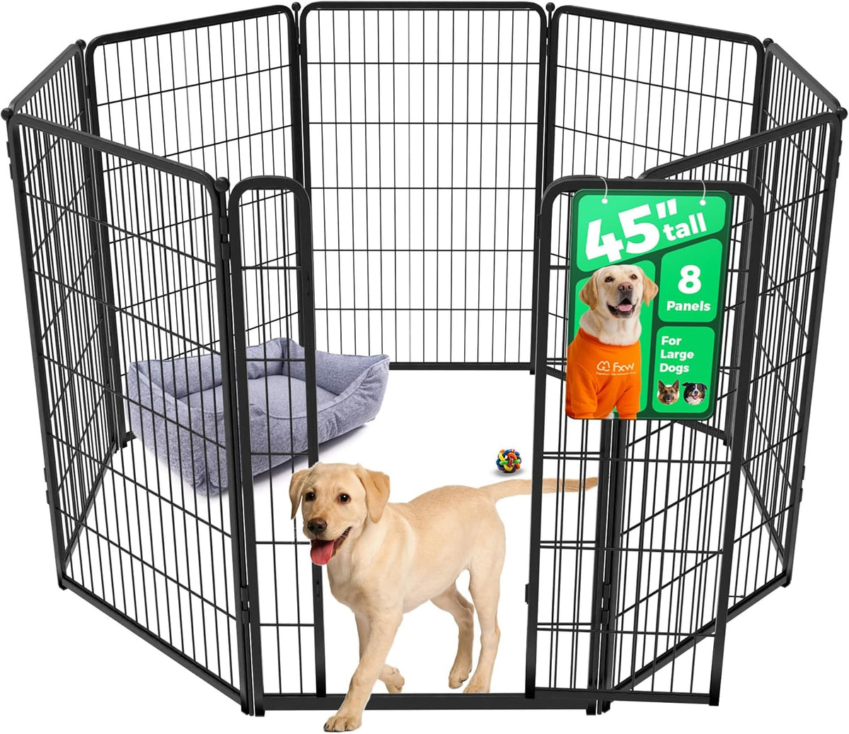 FXW Homeplus Unleashed Indoor Dog Playpen - Stress-Free and Safe Play, Heavy Duty 45 Inch 8 Wire Panels Dog Pen for Large Dogs, Black│Patented