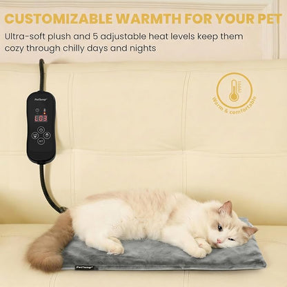 Cat Heating Pad, Heated Cat Bed with 5 Heat Levels, Timer & Auto Shut-Off, Waterproof Warmer with Thick Fleece Cover, Chew-Resistant Cord, for Indoor & Sheltered Outdoor Use (Gray, Small)