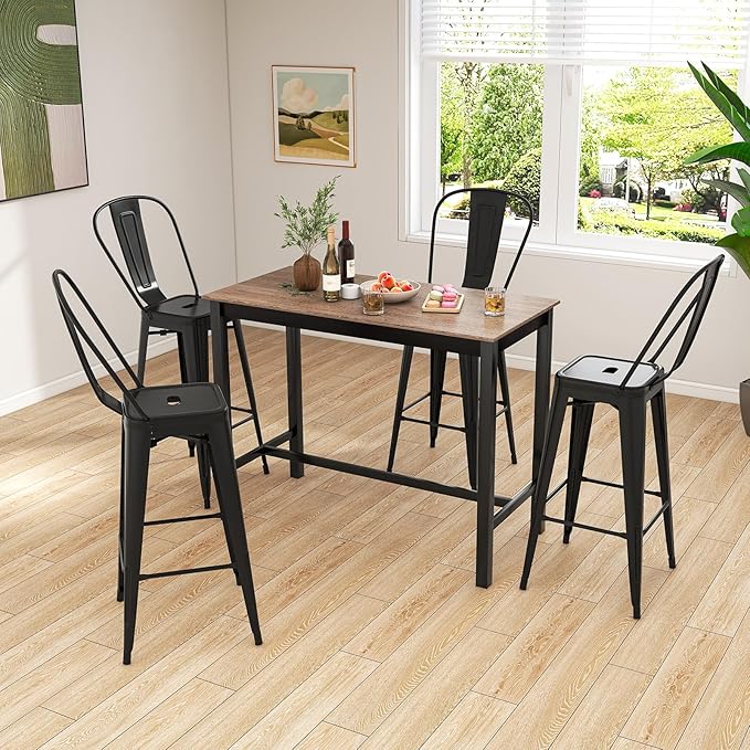COSTWAY 30'' Metal Bar stools Set of 4, with Removable Back,Bar Height Stools with Rubber Feet, Stylish and Modern Chairs, for Kitchen, Dining Rooms, and Side Bar (Black-Update, 30'')