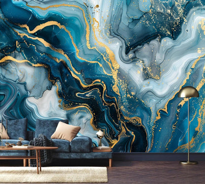 AFZEVEB-Blue and Gold Marble Wallpaper Abstract Art Wall murals for Bedroom 136"x96" (Not Peel and Stick)