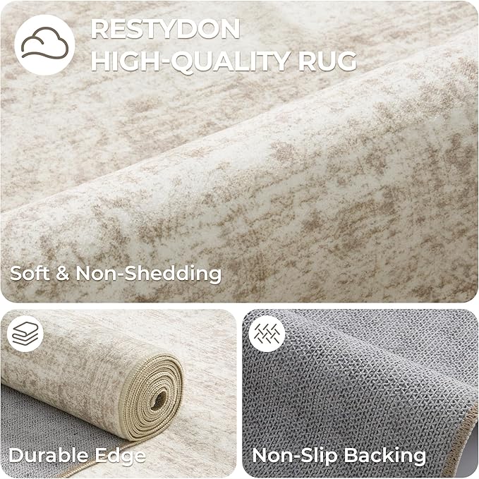 3x4 Washable Area Rug for Entryway, Soft Kitchen Rugs Non Slip for Dining Room, Vintage Abstract Living Room Rug, Thin Area Rugs Indoor for Bedroom, Kids Room Decor(3'x4', Beige/Ivory)