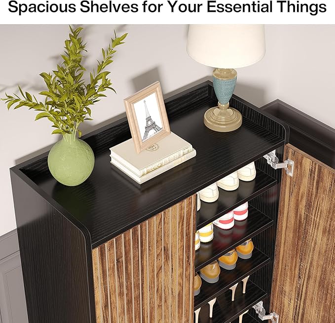 Tribesigns Shoe Cabinet with Doors, 6 Tiers Shoe Storage Cabinet for Entryway, 25 Pairs Wooden Shoe Cabinets, Modern Shoe Organizer Storage for Living Room, Bedroom, Hallway, Closet, Black and Brown