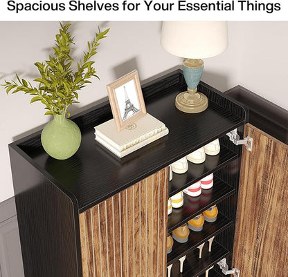 Tribesigns Shoe Cabinet with Doors, 6 Tiers Shoe Storage Cabinet for Entryway, 25 Pairs Wooden Shoe Cabinets, Modern Shoe Organizer Storage for Living Room, Bedroom, Hallway, Closet, Black and Brown