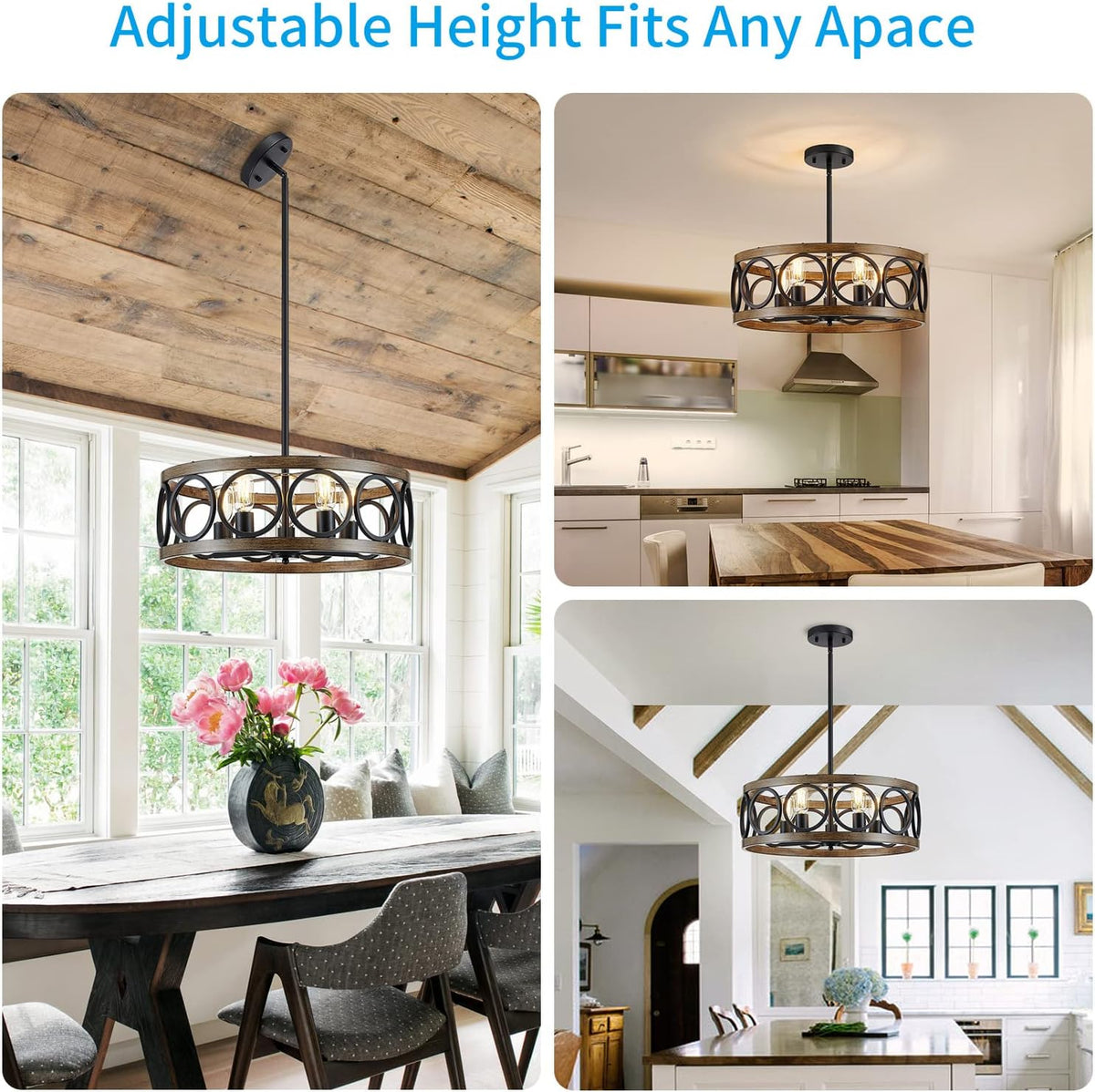 XINGQI 21.7'' Modern Chandelier, Farmhouse Drum Chandeliers for Dining Room Living Room Bedroom 5-Light Pendant Lighting Round Black Metal Antique Wood Grain Finish Adjustable