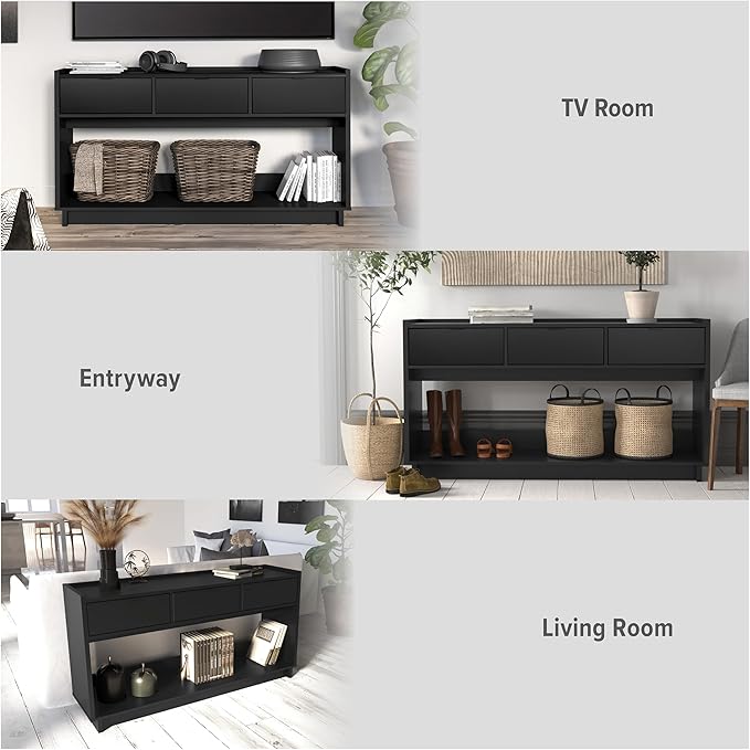 Prepac Black Simply Modern Entryway Table, Narrow Console Table with 3 Drawers, Media Console with Storage, 15.75" D x 60.25" W x 32" H
