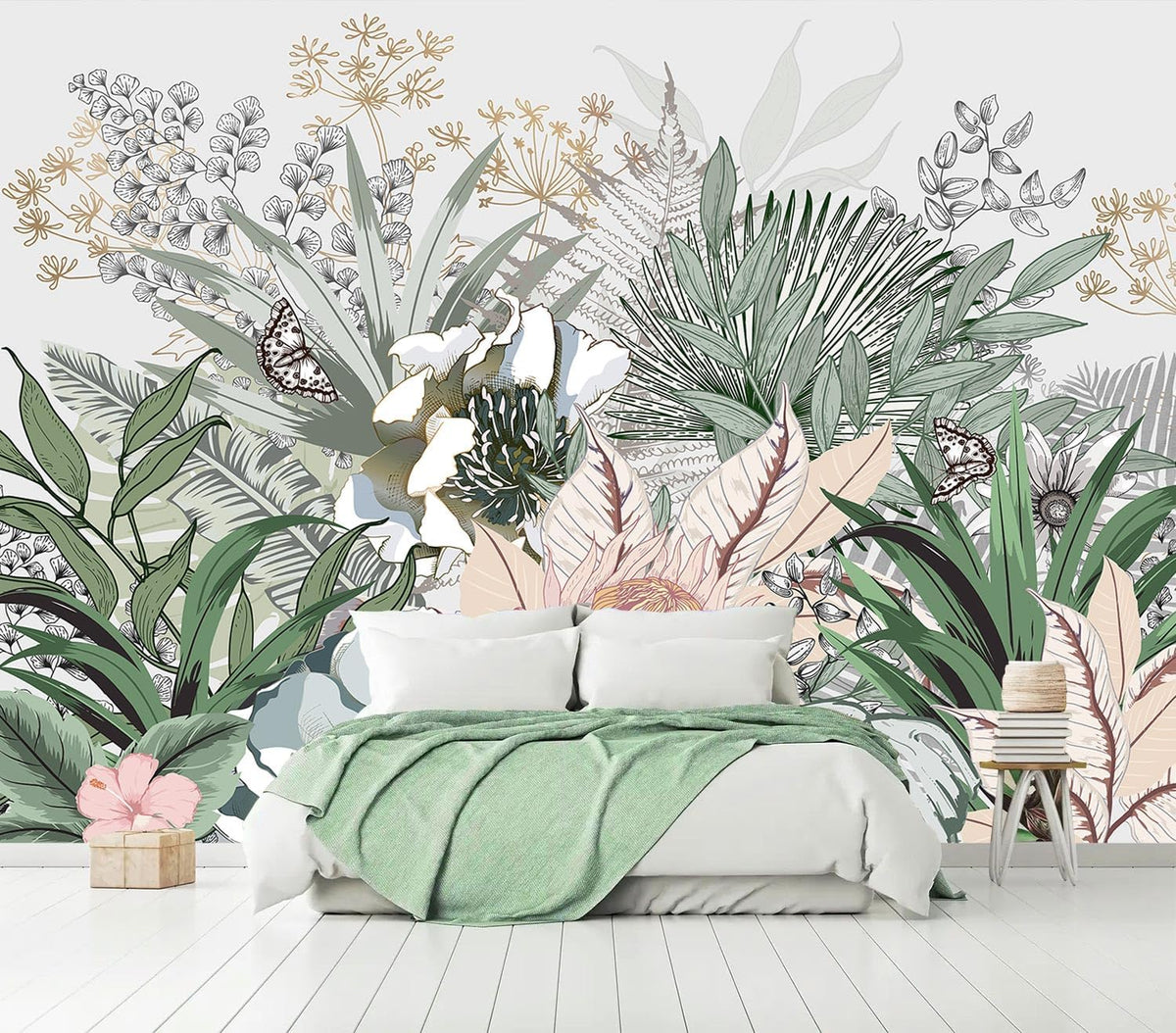 AFZEVEB-Tropical Jungle Wallpaper Botanical Large Floral Wall murals for Bedroom 159"x107" (Not Peel and Stick)