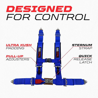 1pc 50 Cal Blue 4 Point Harness 3 inch straps, Racing Harness Seat Belt | Ultra Kush padding, Push Button quick release hardware. Universal Fit for UTV, RZR, race car