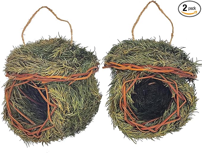 2 Pack Green Grass Birdhouse for Outside Garden Decoration Hanging Bird Hut Bird Nest Cozy Resting Place for Wild Birds (About 3.5-4.5inch)