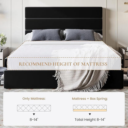 SHA CERLIN Full Size Platform Bed Frame with 4 Storage Drawers, Velvet Upholstered Headboard, Mattress Foundation with Wooden Slats Support, No Box Spring Needed, Easy Assembly, Black