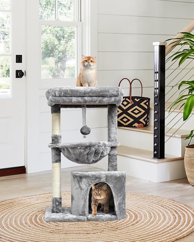 SYANDLVY Small Cat Tree for Indoor Cats, Activity Cat Tower with Scratching Post for Kittens, Modern Cat Furniture with Basket & Hanging Ball for Play Rest, Grey
