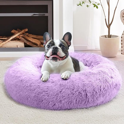 JOLLYVOGUE Calming Small Dog & Cat Bed for Indoor Cats - 20 inches Washable Donut Bed for Kittens & Puppies, Anti-Anxiety Round Fluffy Plush Pet Beds (Fits up to 15 lbs, Purple)
