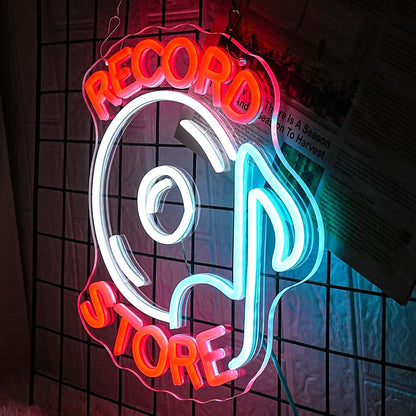 Record Store Neon Sign Music Neon Signs for Wall Decor Letter Neon Light Record Player Sign Live Music Neon Light Sign for Bar Concern Studio Decor(Red white)