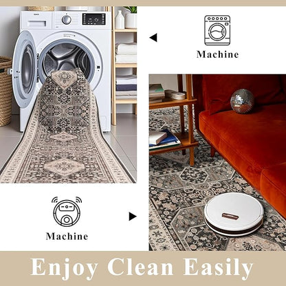 2'6x12 Hallway Washable Runner Rug - Vintage Kitchen Rugs with Non Slip Backing Stain Resistant Carpets for Living Room Bedroom Soft Distressed Floor Home Decor Mat for Bathroom (2'6''x12', Black)